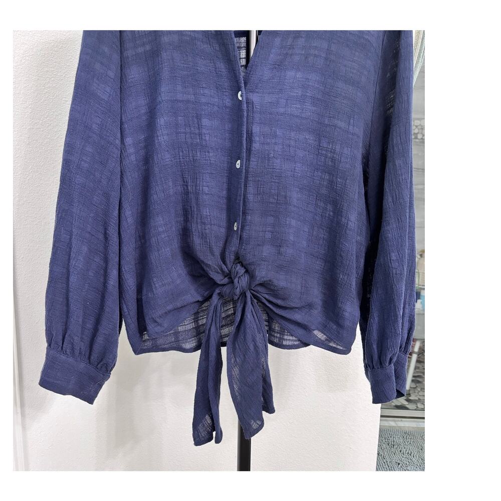 Fever XL Navy Blue Tie Front Gauze Blouse Boho Sheer Button Front Top